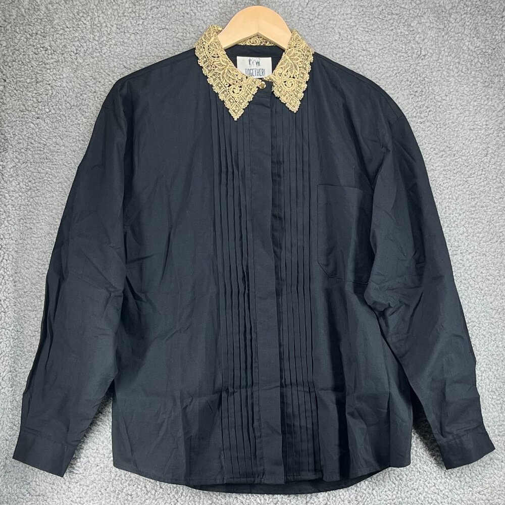 Vintage Together! Black Blouse with Sparkly Gold Collar 80s 90s Retro sz Small